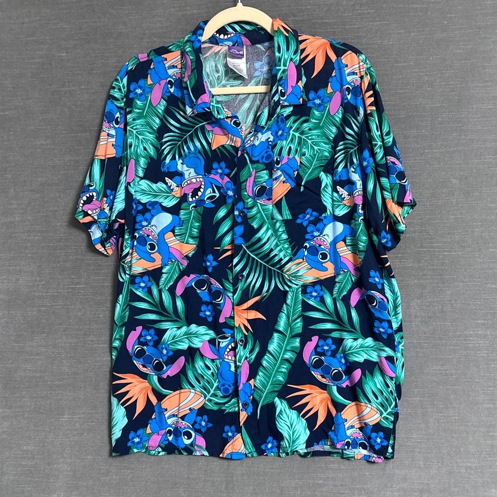 Disney Lilo Stitch Top S Blue Hawaiian Camp Button Summer Rayon Surfing Tropical